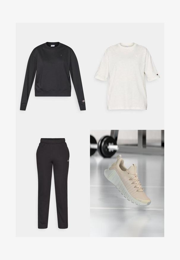 Sort langærmet sweatshirt lavet af bomuldsblanding. Har ribbet rund hals og manchetter samt en lille logo på brystet og ærmet.; Lysegrå t-shirt med korte ærmer lavet af blødt stof med rund halsudskæring. Har en lille logo på brystet og det ene ærme.; Sorte sweatpants lavet af blødt stof, med elastisk talje, lige ben og et lille logo på siden.; Letvægts sneaker i en blød beige farve. Har en tekstureret overdel, flade snørebånd og en tyk, rillede sål med subtile brandingsdetaljer.