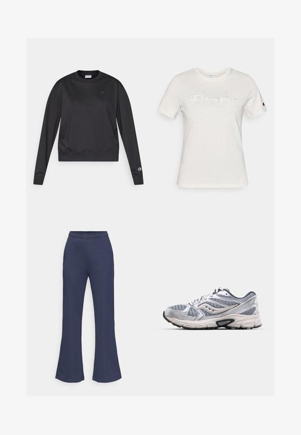 Sweat-shirt noir à manches longues en mélange de coton. Il présente un col rond et des poignets côtelés, ainsi qu'un petit logo sur la poitrine et la manche.; T-shirt en coton blanc avec manches courtes, col rond, et logo "Champion" brodé en texture contrastée sur le devant.; Pantalon évasé bleu marine en tissu doux, doté d'une ceinture élastique et d'une texture lisse, avec une finition d'ourlet soignée.; Bottine de course argentée avec tige en mesh, semelle rembourrée et accents gris. Dotée d'un bout arrondi et d'un design à lacets. Logo de la marque visible.