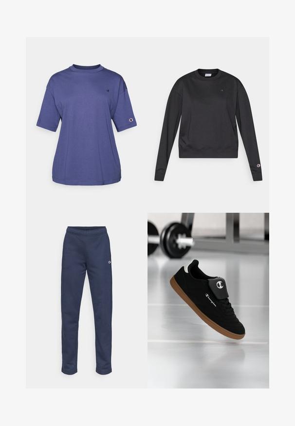 Sort langærmet sweatshirt lavet af bomuldsblanding. Har ribbet rund hals og manchetter samt en lille logo på brystet og ærmet.; Lilla bomulds T-shirt med rund hals og korte ærmer, med et lille logo på brystet og et logo patch på ærmet.; Mørkeblå sweatpants lavet af blødt stof med lige pasform, elastisk taljebånd og lille logo på siden.; Sort og brun Champion-sneakers svævende i luften i et fitnessmiljø med en sløret vægtstang i baggrunden.