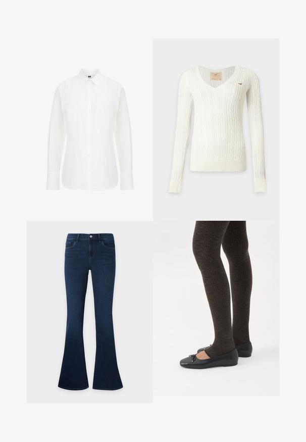 Witte kabelgebreide trui met lange mouwen en V-hals, met geribde boorden en zoom, met een klein rood vogellogo op de linkerborst.; Witte langemouwen shirt van katoen, met een klassieke kraag, knopen aan de voorkant en een rechte zoom met iets afgeronde randen.; Donkerblauwe denim jeans met een hoge taille en uitlopende pijpen, met voorzakken, riemlussen en een knoopsluiting.; Benen met donkere geribbelde leggings gecombineerd met zwarte ballerina's met kleine strikdetails op een witte achtergrond.