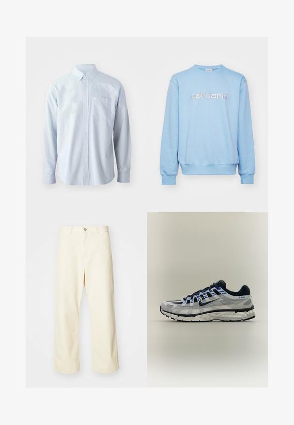 Sudadera de color azul claro hecha de un tejido suave, con un cuello redondo, puños acanalados y un logo bordado de "carhartt" en un color contrastante.; Camisa de manga larga azul claro fabricada en algodón. Presenta un collar con botones, botones frontales y un bolsillo en el pecho del lado izquierdo.; Pantalones de pierna ancha color crema hechos de algodón, con cierre de botón, presillas para cinturón y dobladillo cosido. Textura suave, sin patrones visibles.; Zapatilla de running Nike gris claro y negra con detalles azules, suela blanca y texto "P-6000" en el lateral del talón.