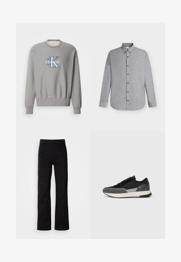 Grå sweatshirt med rund halsudskæring, ribbede ærmer og kant, med et blåt og hvidt "Calvin Klein" logo i centrum. Klassisk pasform.; Lysegrå skjorte med lange ærmer, knapper foran og knaplukket krave samt det lille "cK" logo broderet på venstre bryst.; Sort bomuldsbukser med lige ben, der har knaplukning og bæltestropper. Glat tekstur og minimalistisk stil uden synlige mønstre.; Sko med snørebånd i en blanding af sort stof, grå ruskindsdetaljer og en kraftig hvid mellemsål med sort gummisåler.