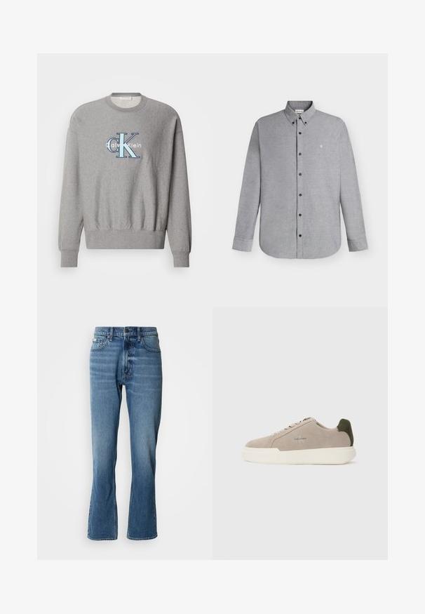Grauer Sweatshirt mit rundem Halsausschnitt, gerippten Bündchen und Saum, mit einem blauen und weißen "Calvin Klein" Logo in der Mitte. Klassische Passform.; Hellgraues langärmeliges Hemd mit Knopfleiste und Knopfkragen sowie kleinem "cK"-Logo, das auf der linken Brustseite eingestickt ist.; Hellblaue Denim-Jeans mit geradem Schnitt und leicht ausgestelltem Bein. Verfügt über fünf Taschen, einen Knopfverschluss und dezente Waschungseffekte.; Beige Wildledersneaker mit einer weißen Gummisohle, die einen dunkelgrünen Akzent an der Ferse und dezente Markenaufschrift an der Seite aufweisen.