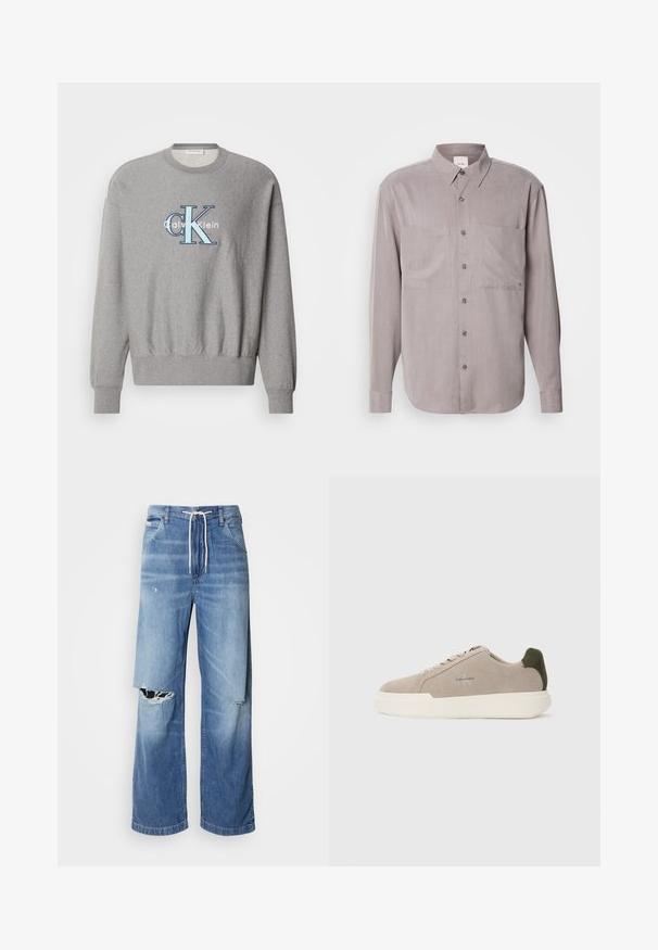 Šedá mikina so zaobleným výstrihom, rebrovanými manžetami a lemom, s modro-bielym logom "Calvin Klein" v strede. Klasický strih.; Dlhý rukáv košele s gombíkmi vo matnej šedej látke, ktorá má dve náprsné vrecká, klasický golier a gombíky v rovnakej farbe.; Svetlomodré džíny s voľným strihom, so bielym šnúrkovým pásom a výraznými roztrhnutiami na prednej strane, ktoré odhaľujú rozstrapkané okraje.; Béžové semišové tenisky s bielou gumovou podrážkou, zdobené tmavozeleným akcentom na päte a jemným brandingom na boku.