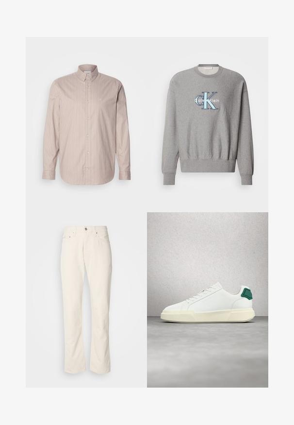 Grå sweatshirt med rund halsudskæring, ribbede ærmer og kant, med et blåt og hvidt "Calvin Klein" logo i centrum. Klassisk pasform.; Beige langærmet skjorte med knaplukning og hvide lodrette striber, spids krave og et lille broderet logo på brystet.; Beige bomuldsjeans med et klassisk lige ben-design, der har en forreste knaplukning, fem lommer og diskrete syninger.; Hvid lavtop-sneaker med grøn hælkappe, tyk off-white sål og præget brandnavn, vist mod en reflekterende glasblokvæg.