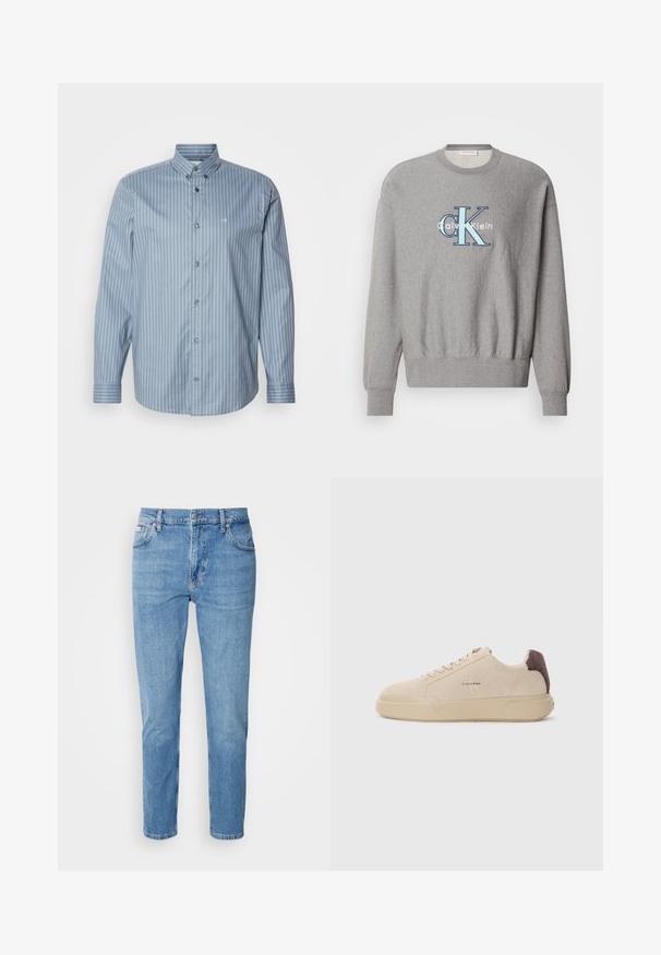 Šedá mikina so zaobleným výstrihom, rebrovanými manžetami a lemom, s modro-bielym logom "Calvin Klein" v strede. Klasický strih.; Svetlo modrá košeľa s dlhým rukávom a vertikálnymi bielymi pruhmi. Má golier, dlhé rukávy a malú logo na hrudi. Hladká textúra látky.; Svetlomodré džínsy s rovný strih, dizajn s piatimi vreckami a jemným vyblednutím. Obsahujú zapínanie na gombík a pútka na opasok.; Bežové semišové tenisky s okrúhlou špičkou, šnúrkovým uzatváraním vpredu a hnedým semišovým akcentom na podpätku. Obsahujú štruktúrovanú gumovú podrážku.