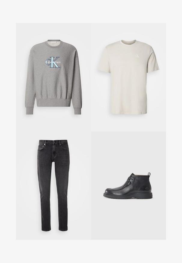 Harmaa collegepaita, jossa on ympyräkaulus, röyhelöillä varustetut hihansuut ja helma, keskellä sinivalkoinen "Calvin Klein" -logo. Klassinen malli.; Beige lyhythihainen puuvillainen T-paita, jossa on pieni valkoinen "cK"-logo vasemmalla rinnassa.; Mustat farkut slim fit -mallia, viisi taskua, ja napitus. Klassinen ompelu ja kevyt haalistuminen kauttaaltaan.; Musta nahkainen nilkkakengät, joissa on pyöreä kärki, nauhoitettu muotoilu ja vetotappi takana. Teksturoitu päällinen ja kumipohja.