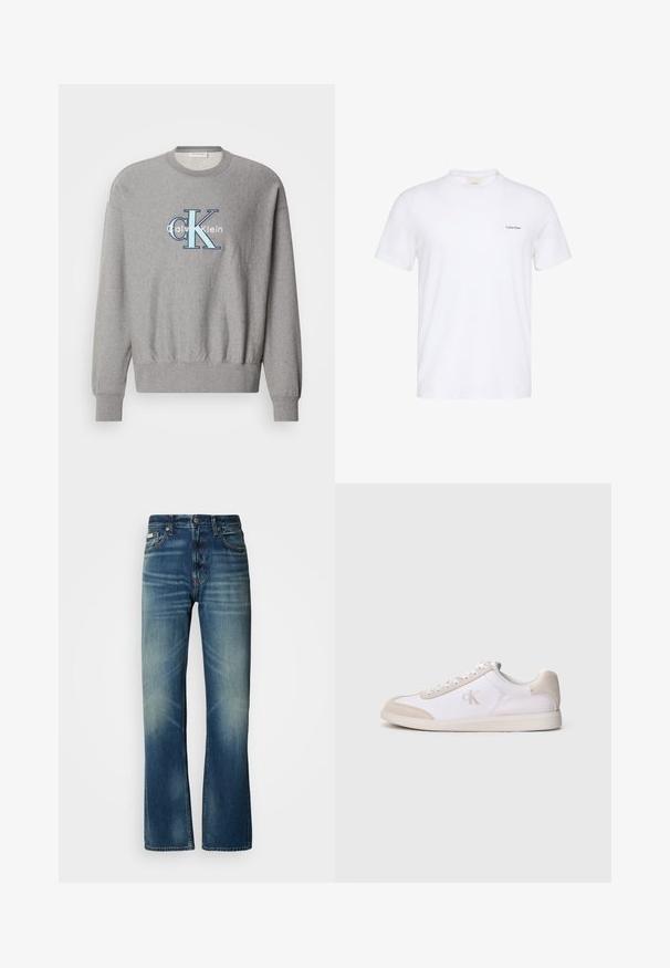 Sudadera gris con cuello redondo, puños y dobladillo de canalé, que presenta un logo azul y blanco de "Calvin Klein" en el centro. Ajuste clásico.; Camiseta blanca de manga corta con cuello redondo y pequeño logo negro de Calvin Klein en el lado izquierdo del pecho.; Jeans de mezclilla azul con un corte recto, lavado medio, detalles deslavados, cinco bolsillos y cierre de botón. Costuras distintivas a lo largo de las costuras.; Zapatilla baja blanca y beige con cordones en la parte delantera, detalles de ante y logotipo "cK" en el lateral, mostrada de perfil sobre un fondo llano.