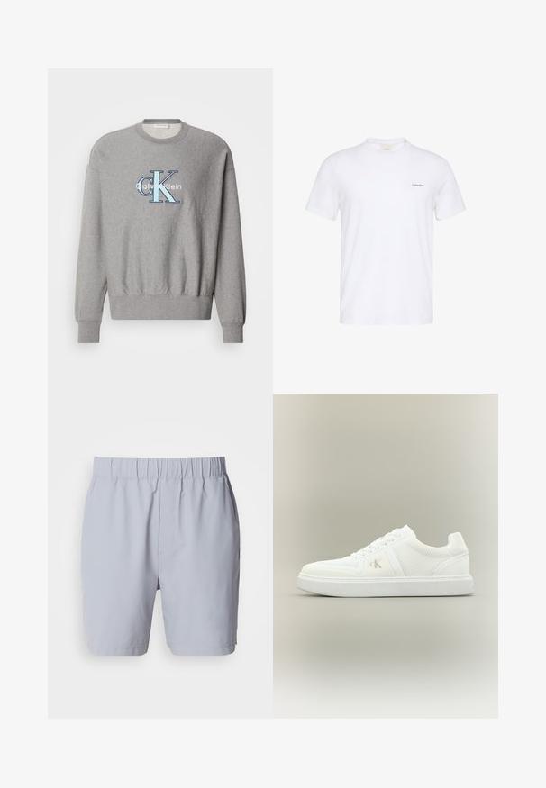 Grå sweatshirt med rund halsudskæring, ribbede ærmer og kant, med et blåt og hvidt "Calvin Klein" logo i centrum. Klassisk pasform.; Hvid T-shirt med korte ærmer og rund hals med lille sort Calvin Klein-logo på venstre bryst.; Lysegrå badebukser med elastisk talje, to sidelommer og et glat, letvægtsstof. Ingen synlige mønstre eller udsmykninger.; Hvid lavtopsneaker med snørebånd, teksturerede stofsider og subtilt "ck"-logo på ydersiden, placeret på en enkel neutral baggrund.