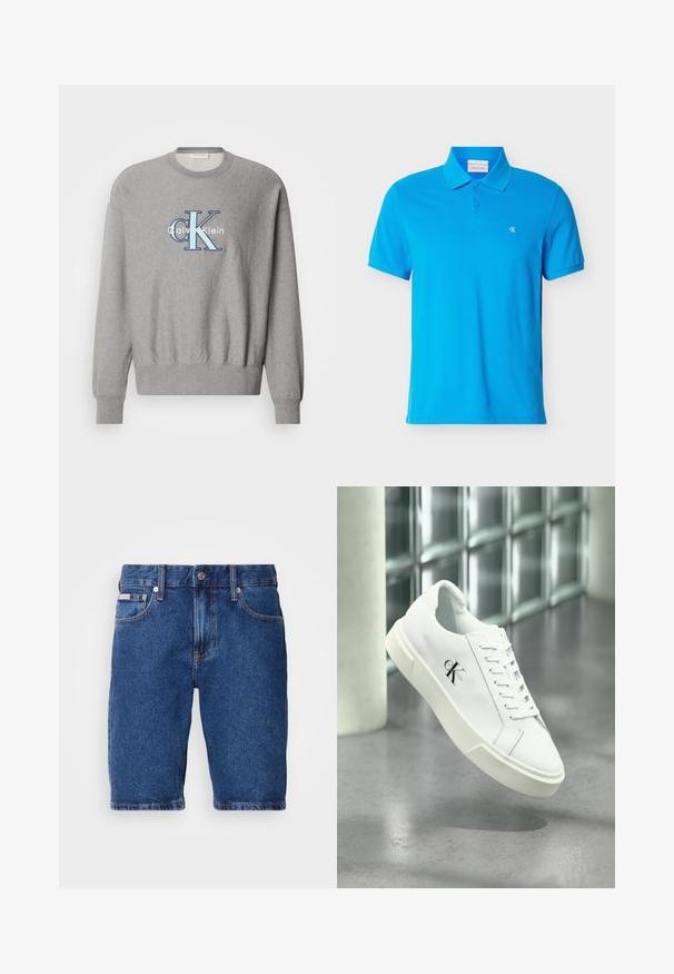 Sweatshirt gris avec un col rond, des poignets et un ourlet côtelés, présentant un logo "Calvin Klein" bleu et blanc au centre. Coupe classique.; Polo bleu à manches courtes avec col et patte à deux boutons, petit logo blanc "cK" sur la poitrine gauche.; Shorts en denim bleu foncé, avec un design classique à cinq poches, des accents de surpiqûres visibles, et une coupe droite à longueur de genou.; Baskets blanches Calvin Klein avec lacets, présentées en suspension au-dessus d'un sol en béton poli et d'un mur en blocs de verre en arrière-plan.