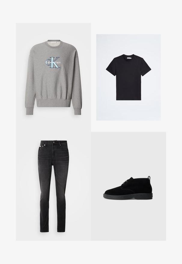 Grijze sweatshirt met een ronde halslijn, geribbelde manchetten en onderrand, met een blauw-wit "Calvin Klein" logo in het midden. Klassieke pasvorm.; Zwart t-shirt met korte mouwen en ronde hals met een klein ton-sur-ton logo op de linkerborst en een wit merketiket binnenin de kraag.; Zwarte denim jeans met een slim fit, vijf zakken ontwerp en knoopsluiting. Kenmerkt zich door een subtiele vervaging en stikselaccenten op de zakken.; Zwarte suede enkellaarsjes met een ronde neus, vetersluiting, zwarte rubberen zool en een aantreklip aan de achterkant voor gemakkelijk aan- en uittrekken.