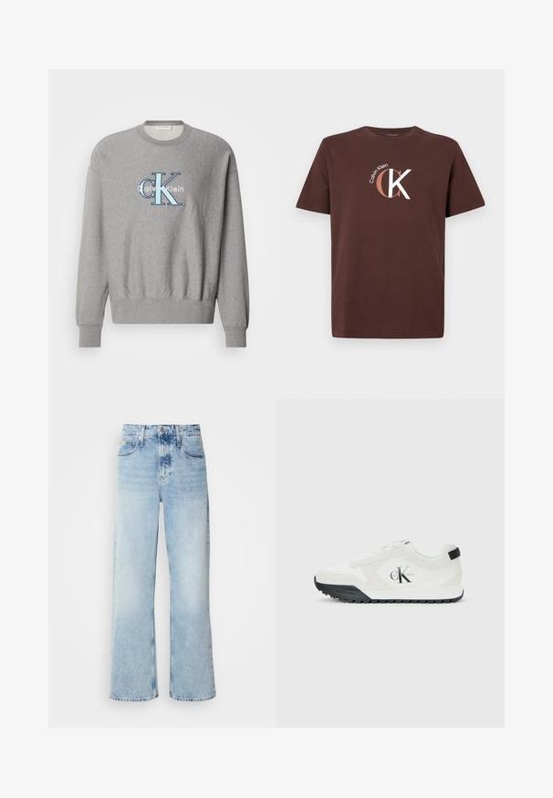 Grauer Sweatshirt mit rundem Halsausschnitt, gerippten Bündchen und Saum, mit einem blauen und weißen "Calvin Klein" Logo in der Mitte. Klassische Passform.; Braunes Baumwoll-T-Shirt mit kurzen Ärmeln und Rundhalsausschnitt. Verfügt über ein weißes und hellbraunes Calvin Klein Logo sowie ein "CK" Grafikdesign.; Helle blaue weite Jeans mit hoher Taille, in verwaschenem Finish, mit Gürtelschlaufen und klassischem Fünf-Taschen-Design. Der Saum ist ungesäumt.; Weiße Calvin Klein Sneaker mit schwarzem Sohle, Wildleder- und Mesh-Einsätzen, CK-Logo an der Seite sowie Calvin Klein-Branding an Ferse und Sohle.