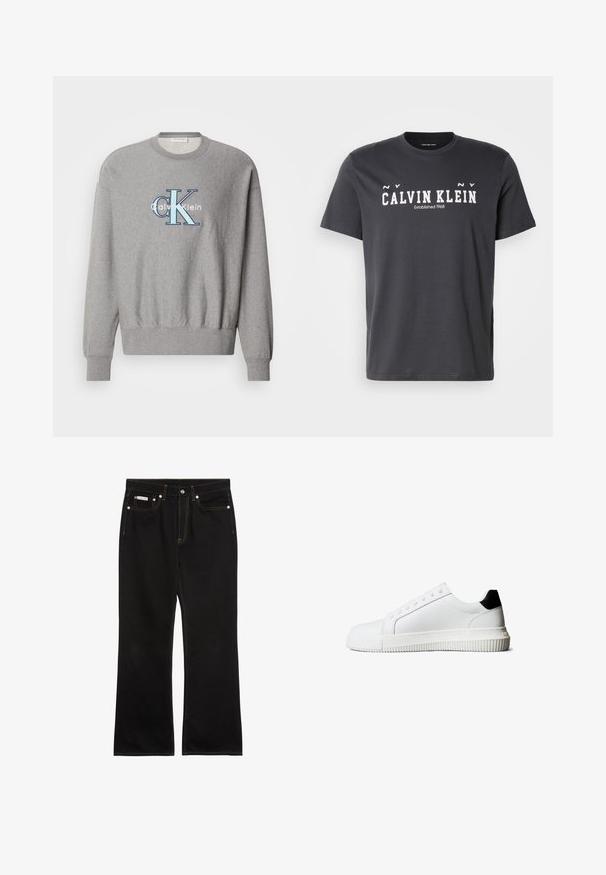 Sweatshirt gris avec un col rond, des poignets et un ourlet côtelés, présentant un logo "Calvin Klein" bleu et blanc au centre. Coupe classique.; T-shirt noir en coton avec un col rond, des manches courtes et un texte blanc audacieux indiquant "CALVIN KLEIN Établi en 1968" sur le devant.; Jean noir droit avec coutures orange, cinq poches, fermeture par bouton, et une petite étiquette Calvin Klein sur la poche avant droite.; Baskets en cuir blanc avec un accent noir au talon, équipées de lacets plats, d'un bout arrondi et d'une semelle en caoutchouc rainurée pour une meilleure adhérence.