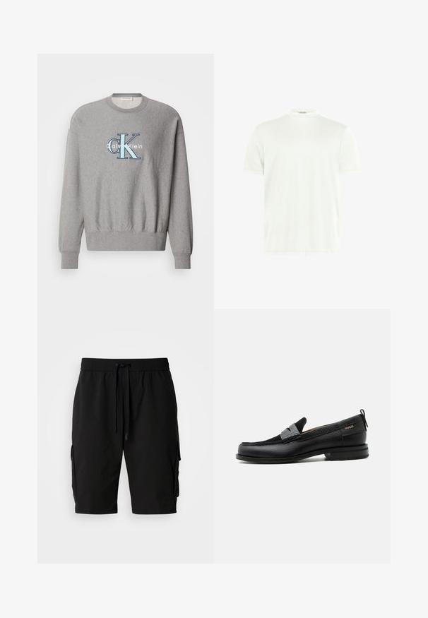 Sweatshirt gris avec un col rond, des poignets et un ourlet côtelés, présentant un logo "Calvin Klein" bleu et blanc au centre. Coupe classique.; T-shirt blanc à col rond en tissu doux. Manches courtes, sans motifs. Design simple avec un ourlet droit et des détails minimalistes.; Shorts cargo noirs en tissu léger, dotés d'une taille élastique, d'un cordon de serrage et de poches cargo latérales pour un rangement supplémentaire.; Mocassin en cuir noir avec détail de bride grise, talon bas et semelle texturée, marqué "HUGO" en or sur le côté.