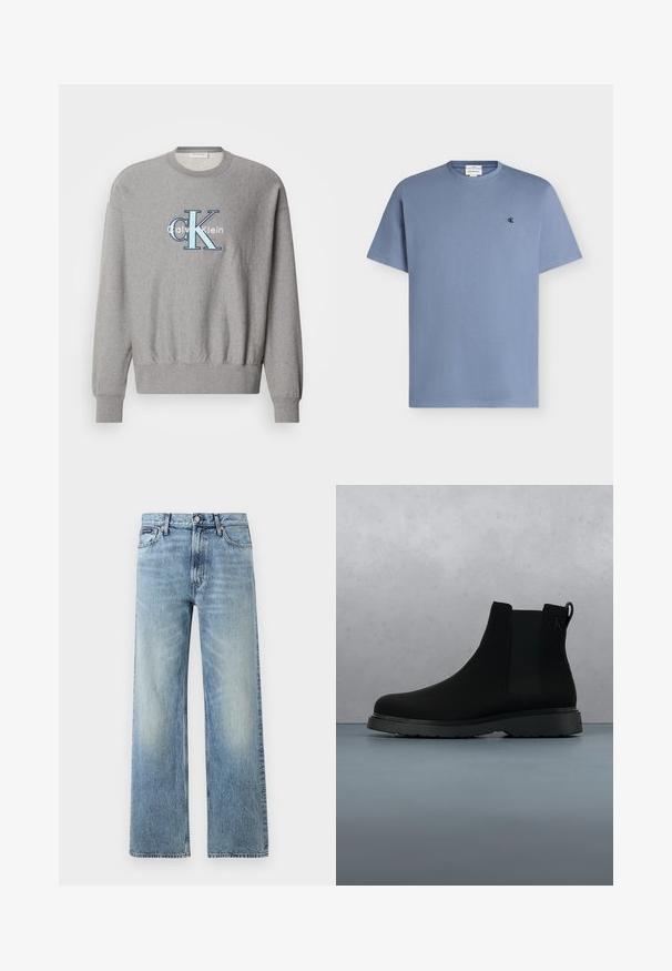 Grå sweatshirt med rund halsudskæring, ribbede ærmer og kant, med et blåt og hvidt "Calvin Klein" logo i centrum. Klassisk pasform.; Lyseblå kortærmet bomuld t-shirt med rund hals og lille sort "cK" logo på venstre bryst.; Lyseblå denim jeans med lige ben, højt talje, fem lommer, knaplukning og diskrete falmede områder på lår og knæ.; Sort ankelstøvle lavet af glat materiale med diskrete syninger, en gummisål og et strømlinet design, placeret over en overflade med træstruktur.