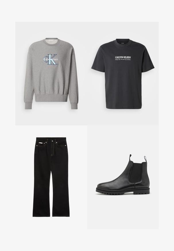 Šedá mikina so zaobleným výstrihom, rebrovanými manžetami a lemom, s modro-bielym logom "Calvin Klein" v strede. Klasický strih.; Čierne bavlnené tričko s krátkymi rukávmi a okrúhlym výstrihom, na prednej strane s bielym logom "CALVIN KLEIN NEW YORK EST. 1968".; Čierne rovné rifle s oranžovým prešitím, piatimi vreckami, zapínaním na gombíky a malou značkou Calvin Klein na pravom prednom vrecku.; Čierne kožené Chelsea topánky s elastickými bočnými panelmi, ťahacími pútkami a textúrovanou gumovou podrážkou so vzorom gripu.