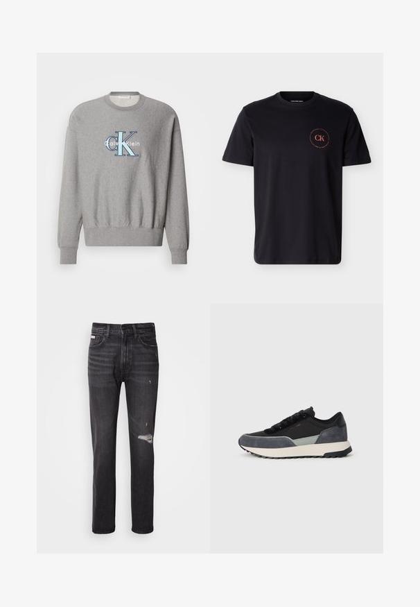 Grå sweatshirt med rund halsudskæring, ribbede ærmer og kant, med et blåt og hvidt "Calvin Klein" logo i centrum. Klassisk pasform.; Sort kortærmet t-shirt med rund hals, lille rød cirkulær "CK Calvin Klein" logo på venstre bryst.; Sorte denim jeans med lige ben-design, distressed detaljer ved knæene, fem-lommestil og en diskret falmet finish.; Sko med snørebånd i en blanding af sort stof, grå ruskindsdetaljer og en kraftig hvid mellemsål med sort gummisåler.