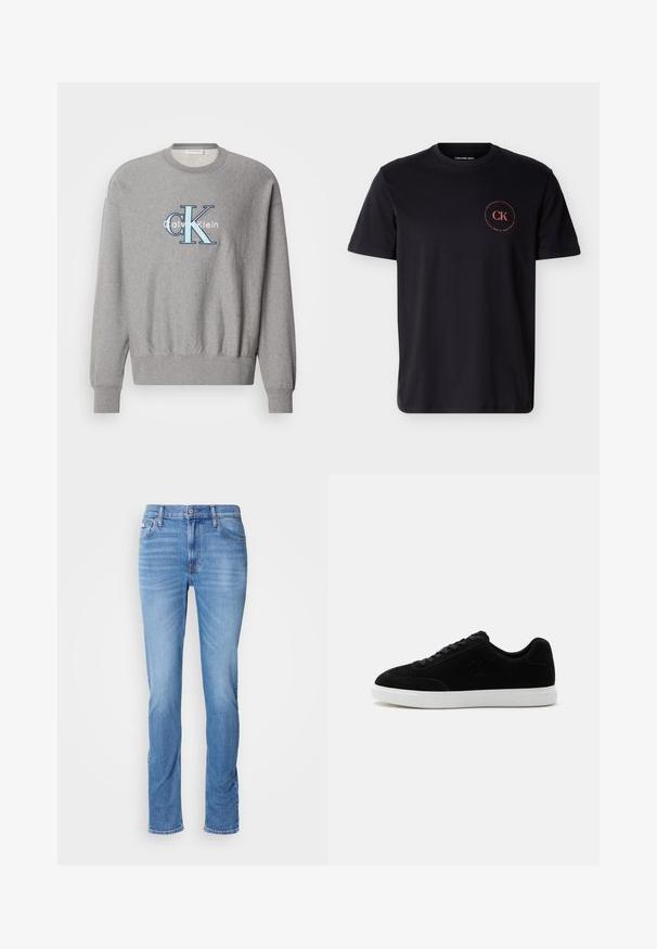 Grijze sweatshirt met een ronde halslijn, geribbelde manchetten en onderrand, met een blauw-wit "Calvin Klein" logo in het midden. Klassieke pasvorm.; Zwart T-shirt met korte mouwen en ronde hals, klein rood cirkelvormig "CK Calvin Klein" logo op de linkerborst.; Blauwe denim jeans voor mannen met een rechte pasvorm, voor- en achterzakken en een klein Calvin Klein-label bij de voorste rechterzak.; Zwarte lage sneaker met veterluiting aan de voorkant, subtiel "ck"-logo aan de zijkant en dikke witte rubberen zool op een effen lichte achtergrond.