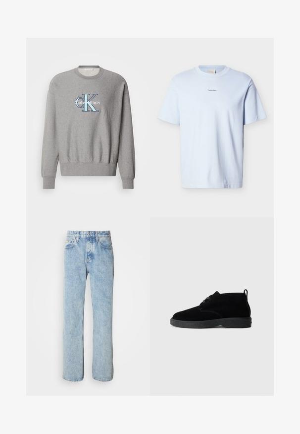 Grauer Sweatshirt mit rundem Halsausschnitt, gerippten Bündchen und Saum, mit einem blauen und weißen "Calvin Klein" Logo in der Mitte. Klassische Passform.; Hellblaues Baumwoll-T-Shirt mit rundem Ausschnitt und kurzen Ärmeln, versehen mit einem kleinen schwarzen "Calvin Klein"-Logo auf der Brust.; Helle blaue Jeans aus Denim mit geradem Schnitt, fünf Taschen und sichtbaren Nähten. Klassischer Bund mit Knopfverschluss.; Schwarze Wildleder-Stiefeletten mit runder Zehenpartie, Schnürdesign, schwarzem Gummisohle und einem Zugband an der Rückseite für einfaches An- und Ausziehen.