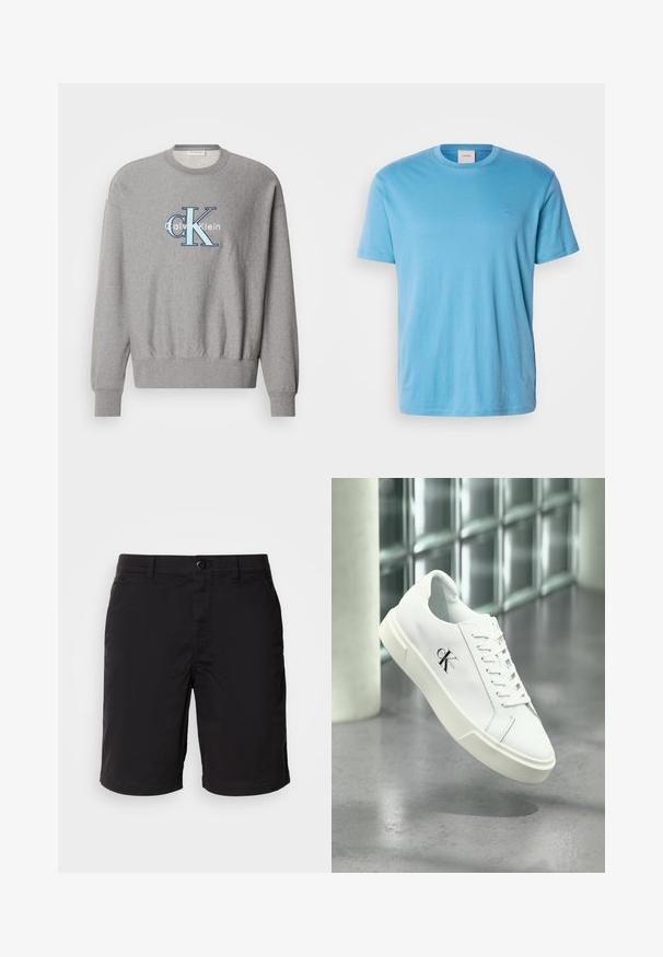 Sudadera gris con cuello redondo, puños y dobladillo de canalé, que presenta un logo azul y blanco de "Calvin Klein" en el centro. Ajuste clásico.; Camiseta de algodón de manga corta en azul claro con cuello redondo y un pequeño logo bordado en el pecho. Textura suave, ajuste regular.; Pantalones cortos negros de tela ligera, con cierre de botón, cintura estándar y corte recto. Sin patrones ni acentos visibles.; Zapatilla blanca Calvin Klein con cordones, mostrada flotando sobre un suelo de cemento pulido y un fondo de pared de bloques de vidrio.