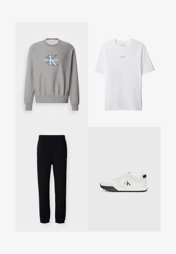 Grauer Sweatshirt mit rundem Halsausschnitt, gerippten Bündchen und Saum, mit einem blauen und weißen "Calvin Klein" Logo in der Mitte. Klassische Passform.; Weißes Baumwoll-T-Shirt mit Rundhalsausschnitt und kurzen Ärmeln. Auf der Brust zentriert befindet sich ein kleines schwarzes "Calvin Klein"-Logo.; Schwarze Jogginghose mit elastischem Bund und Bündchen. Hergestellt aus weichem Stoff. Verfügt über ein kleines weißes Logo auf der linken Seite.; Weiße Calvin Klein Sneaker mit schwarzem Sohle, Wildleder- und Mesh-Einsätzen, CK-Logo an der Seite sowie Calvin Klein-Branding an Ferse und Sohle.