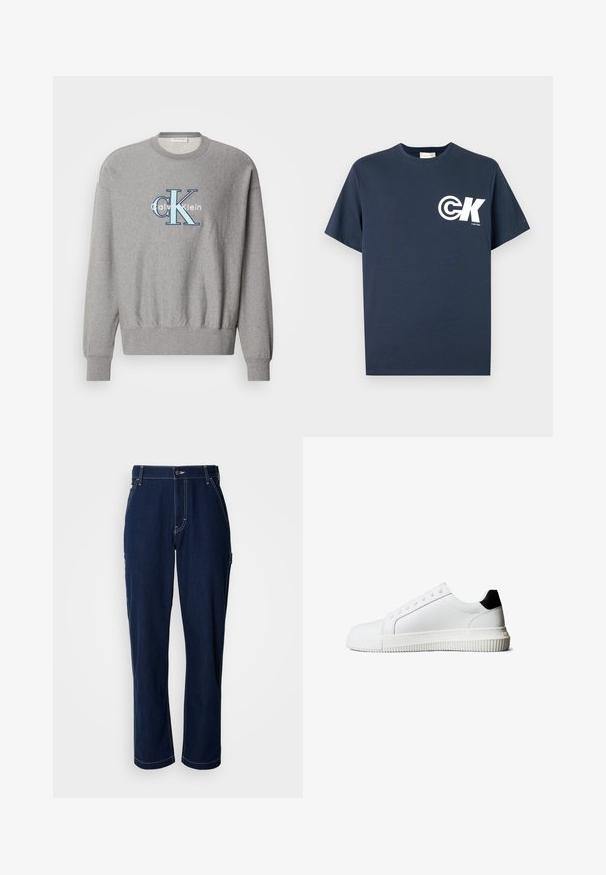 Sudadera gris con cuello redondo, puños y dobladillo de canalé, que presenta un logo azul y blanco de "Calvin Klein" en el centro. Ajuste clásico.; Camiseta azul marino de manga corta con cuello redondo, con logo CK blanco y texto "Calvin Klein" en el pecho izquierdo.; Pantalones vaqueros de mezclilla azul oscuro con ajuste recto, costuras reforzadas y bolsillos laterales. Cuentan con cierre de botón y una ligera textura.; Zapatillas de cuero blanco con un detalle en el talón negro, que cuentan con cordones planos, punta redondeada y una suela de goma acanalada para mejor agarre.