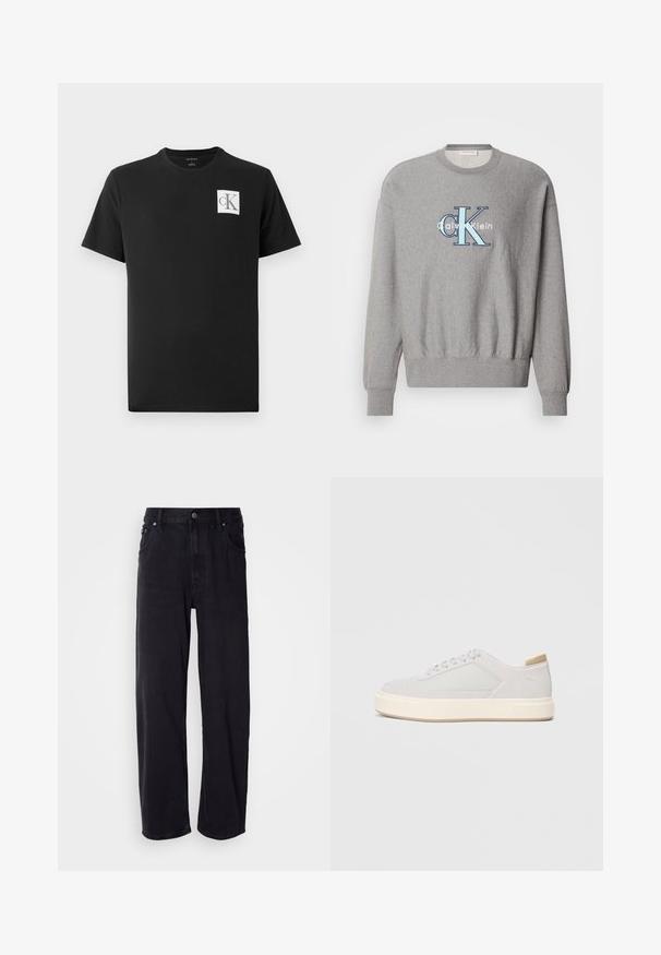 Šedá mikina so zaobleným výstrihom, rebrovanými manžetami a lemom, s modro-bielym logom "Calvin Klein" v strede. Klasický strih.; Čierne bavlnené tričko s krátkymi rukávmi a klasickým výstrihom. Na ľavej strane hrude sa nachádza biele štvorcové logo s čiernymi písmenami "CK".; Čierne denimové džínsy s voľným strihom, vysokým pásom, piatimi vreckami a kovovým gombíkom. Látka má matnú textúru.; Svetlošedé tenisky s hladkým syntetickým zvrškom, okrúlym špičkou a štruktúrovanou krémovou medzipodrážkou. Svetlé béžové akcenty na päte.