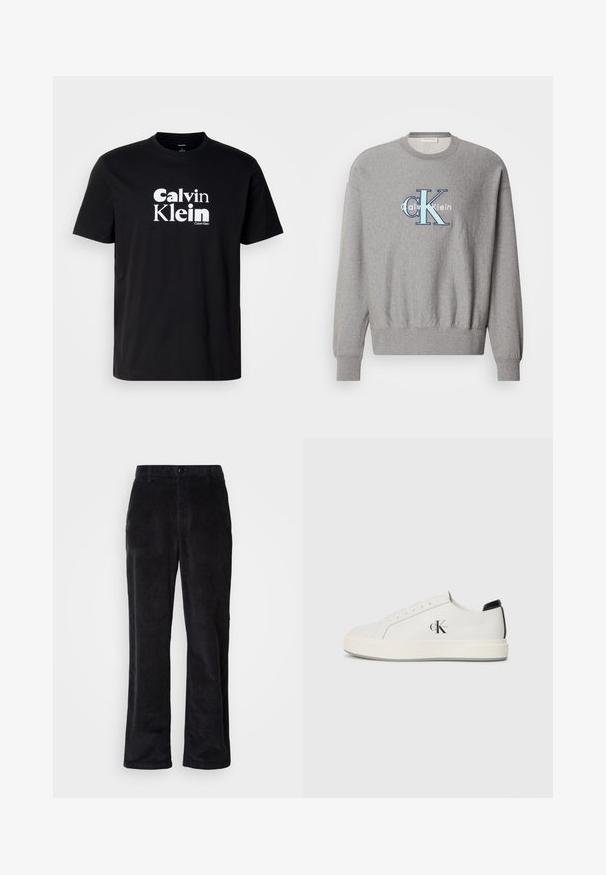 Grå sweatshirt med rund halsudskæring, ribbede ærmer og kant, med et blåt og hvidt "Calvin Klein" logo i centrum. Klassisk pasform.; Sort bomulds T-shirt med et fremtrædende hvidt "Calvin Klein" logo, crew neck, korte ærmer og en standard pasform.; Fløjlsbukser i mørk sort med et lige ben-design, der har knaplukning, bæltestropper og sidelommer til funktionel brug.; Hvide lædersneakers med rund tå, flad gummisål og sort hælaccent. Har et fremtrædende sort Calvin Klein-logo på siden.