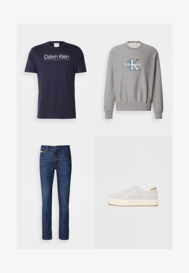Šedá mikina so zaobleným výstrihom, rebrovanými manžetami a lemom, s modro-bielym logom "Calvin Klein" v strede. Klasický strih.; Námornícky bavlnený tričko s krátkymi rukávmi, okrúhlym výstrihom a bielym logom Calvin Klein s nápisom "ZALOŽENÉ DEVÄTNÁSTEHO ROKU ŠESŤDESIAT OSM" pod ním.; Tmavomodré rifle z denimu s rovnakým strihom, päťvreckovým dizajnom, zapínaním na gombíky a jemne vybledlými detailmi na prednej strane.; Svetlošedé tenisky s hladkým syntetickým zvrškom, okrúlym špičkou a štruktúrovanou krémovou medzipodrážkou. Svetlé béžové akcenty na päte.