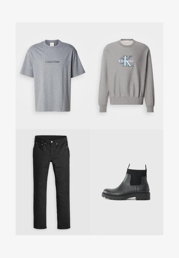 Grijze sweatshirt met een ronde halslijn, geribbelde manchetten en onderrand, met een blauw-wit "Calvin Klein" logo in het midden. Klassieke pasvorm.; Grijze katoenen t-shirt met korte mouwen, ronde halslijn en een geprinte "Calvin Klein" logo in een donkerdere tint over de borst.; Zwarte denim broeken met een rechte pasvorm, voorzien van een ritssluiting, vijf zakken en metalen knopen. Glad textuur.; Zwarte enkelboots van rubber met een matte afwerking, voorzien van een slank ontwerp, elastische panelen en een chunky zool voor grip.