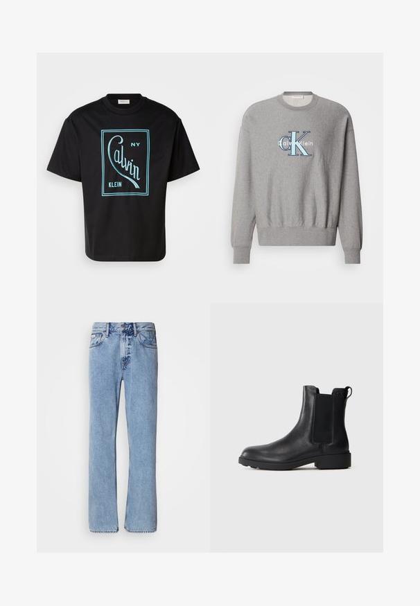Grauer Sweatshirt mit rundem Halsausschnitt, gerippten Bündchen und Saum, mit einem blauen und weißen "Calvin Klein" Logo in der Mitte. Klassische Passform.; Schwarzes Baumwoll-T-Shirt mit einem auffälligen türkisen Grafikdesign, das "Calvin Klein NY" innerhalb eines rechteckigen Rahmens zeigt. Mit kurzen Ärmeln.; Hellblaue Jeans aus Denim mit geradem Bein, fünf Taschen und Knopfverschluss. Nähte in der Nähe der Taschen und des Bundes.; Schwarze Leder-Stiefelette mit elastischen Seiteneinsätzen, Zugschlaufe an der Ferse und niedrigem Blockabsatz vor einem schlichten Hintergrund.