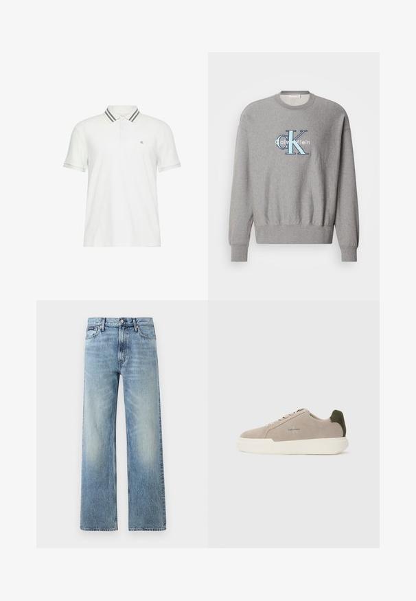 Grå sweatshirt med rund halsudskæring, ribbede ærmer og kant, med et blåt og hvidt "Calvin Klein" logo i centrum. Klassisk pasform.; Hvid kortærmet polo med gråstribet krave og lille "cK" logo på venstre bryst.; Lyseblå denim jeans med lige ben, højt talje, fem lommer, knaplukning og diskrete falmede områder på lår og knæ.; Beige ruskinds sneakers med en hvid gummisål, der har en mørkegrøn hælaccent og subtil branding på siden.