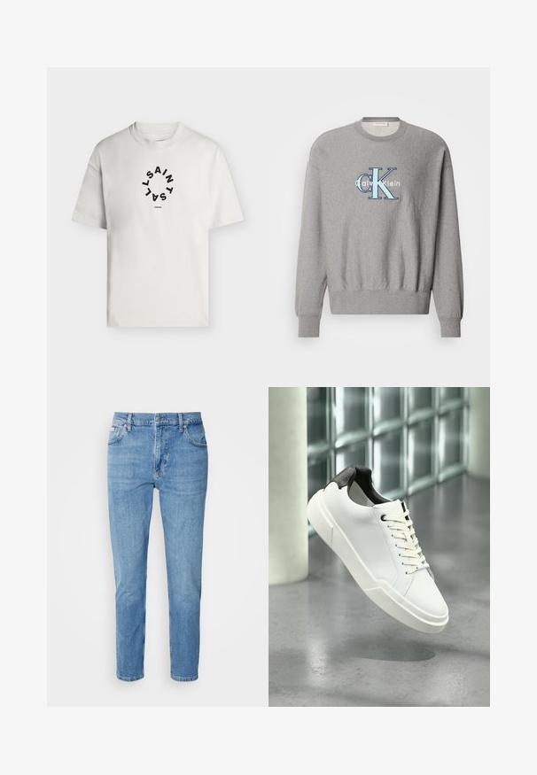 Šedá mikina so zaobleným výstrihom, rebrovanými manžetami a lemom, s modro-bielym logom "Calvin Klein" v strede. Klasický strih.; Biely tričko s krátkym rukávom a okrúhlym výstrihom, s čiernym kruhovým textom, ktorý hlása "SAINT LAINT" a "LONDON" pod kruhom.; Svetlomodré džínsy s rovný strih, dizajn s piatimi vreckami a jemným vyblednutím. Obsahujú zapínanie na gombík a pútka na opasok.; Biela nízka teniska s čiernou textúrovanou pätkou, bielymi šnúrkami a hrubou podrážkou na leštenej betónovej podlahe pri sklenených blokoch.