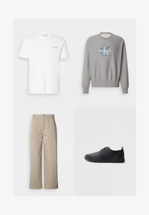 Sweatshirt gris avec un col rond, des poignets et un ourlet côtelés, présentant un logo "Calvin Klein" bleu et blanc au centre. Coupe classique.; T-shirt en coton blanc à manches courtes et col rond. Présente un petit logo noir "Calvin Klein" sur la poitrine gauche.; Pantalon beige à jambes larges en coton ; doté de poches plaquées à l'avant, d'une fermeture à bouton et de coutures visibles le long des ourlets.; Baskets en cuir noir avec une finition lisse, bout arrondi, coutures ton sur ton, devant à lacets et semelle plate en caoutchouc. Anse au talon.