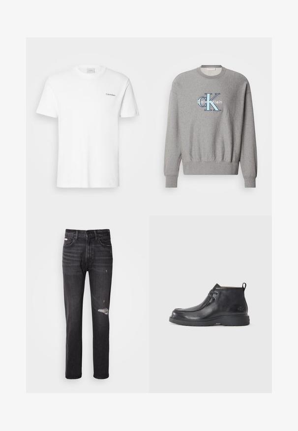 Sudadera gris con cuello redondo, puños y dobladillo de canalé, que presenta un logo azul y blanco de "Calvin Klein" en el centro. Ajuste clásico.; Camiseta de algodón blanca con mangas cortas y un escote en forma de cuello redondo. Presenta un pequeño logotipo negro de "Calvin Klein" en el lado izquierdo del pecho.; Jeans de mezclilla negra con un diseño de pierna recta, detalles desgastados en la rodilla, estilo de cinco bolsillos y un sutil acabado deslavado.; Botas de cuero negras hasta el tobillo con punta redondeada, diseño con cordones y una lengüeta en la parte trasera. Parte superior texturizada y suela de goma.