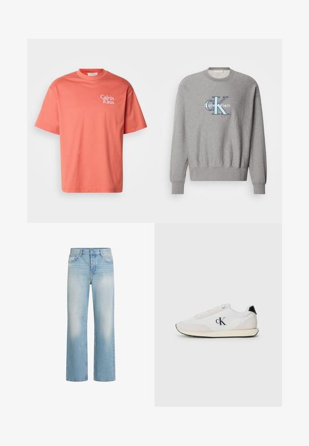 Grauer Sweatshirt mit rundem Halsausschnitt, gerippten Bündchen und Saum, mit einem blauen und weißen "Calvin Klein" Logo in der Mitte. Klassische Passform.; Calvin Klein T-Shirt aus Korallenbaumwolle mit Rundhalsausschnitt, kurzen Ärmeln und weißem Logodruck auf der linken Brust. Glatte Textur, lässige Passform.; Hellblaue Denim-Jeans mit geradem Bein, Waschungseffekten, fünf Taschen, Knopfverschluss und Gürtelschlaufen am Bund.; Weißer Sneaker aus Wildleder und Stoffmaterialien. Verfügt über einen schwarzen Fersenauschnitt, Schnürdesign und ein kleines schwarzes Logo an der Seite.