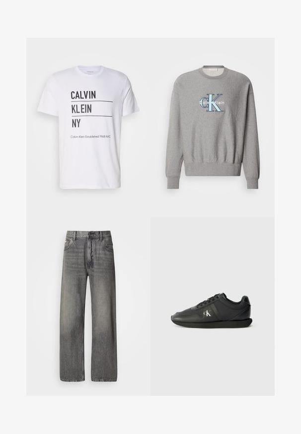 Grijze sweatshirt met een ronde halslijn, geribbelde manchetten en onderrand, met een blauw-wit "Calvin Klein" logo in het midden. Klassieke pasvorm.; Witte t-shirt met zwarte tekst "CALVIN KLEIN NY," met twee horizontale lijnen en aanvullende tekst "Calvin Klein Established 1968 NYC" aan de onderkant.; Wijde jeans in donkergrijze denim met een vervaagde finish. Voorzien van een klassieke vijfzakkenontwerp en riemlussen.; Zwarte leren sneakers met een ronde neus, zwarte platte zool en vetersluiting. Heeft een zilveren logo aan de zijkant en een gladde, gestructureerde afwerking.