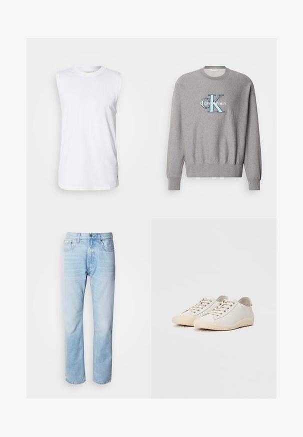 Sweatshirt gris avec un col rond, des poignets et un ourlet côtelés, présentant un logo "Calvin Klein" bleu et blanc au centre. Coupe classique.; Débardeur en coton blanc sans manches avec un col rond et une étiquette tissée discrète sur l'ourlet. Texture lisse, coupe ample et design simple.; Jean en denim bleu clair, à coupe droite, avec des sections décolorées, design à cinq poches et fermeture à bouton classique.; Baskets blanches en cuir lisse avec des coutures ton sur ton, fermeture à lacets, bout arrondi et semelle en caoutchouc texturée.