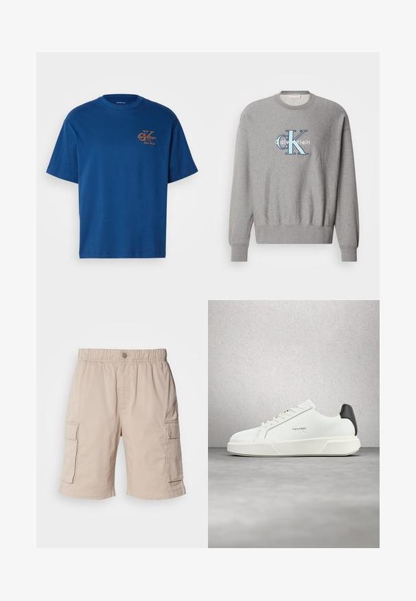 Grauer Sweatshirt mit rundem Halsausschnitt, gerippten Bündchen und Saum, mit einem blauen und weißen "Calvin Klein" Logo in der Mitte. Klassische Passform.; Blaues Baumwoll-T-Shirt mit Rundhalsausschnitt, kurzen Ärmeln und einem orangefarbenen Calvin Klein-Logo auf der linken Brust. Schlichte und klassische Schnittform.; Beige Cargo-Shorts mit elastischem Bund, Knopfverschluss, zwei Seitentaschen und zusätzlichen Taschen an den Oberschenkeln. Leichter Stoff.; Weiße Sneaker mit glattem Lederobermaterial, flachen Schnürsenkeln und erhöhter weißer Sohle. Verfügen über einen schwarzen Akzent an der Ferse und ein geprägtes Logo.