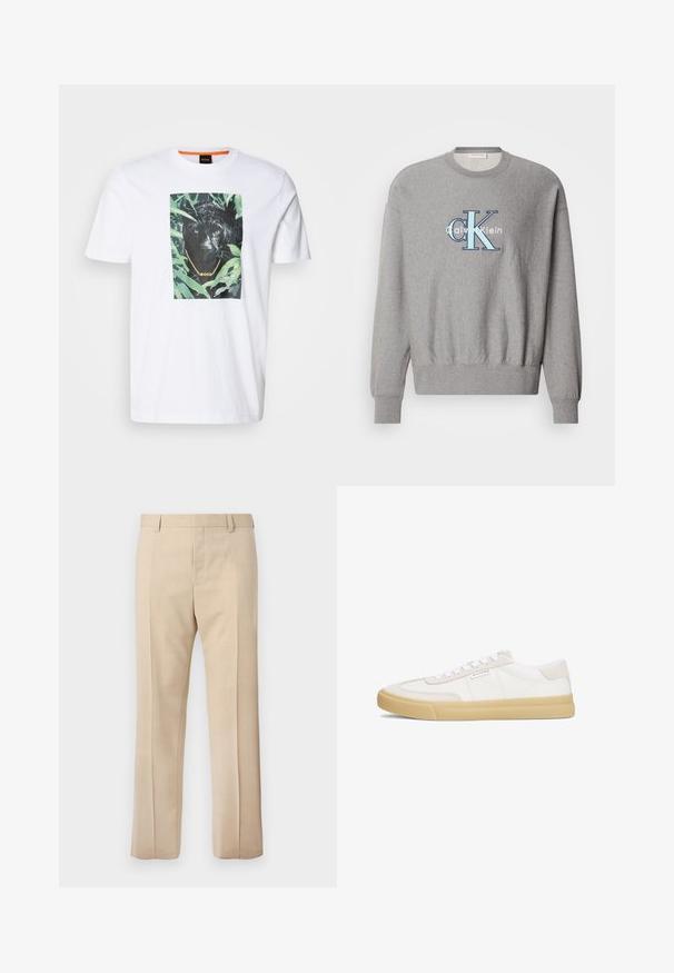 Sudadera gris con cuello redondo, puños y dobladillo de canalé, que presenta un logo azul y blanco de "Calvin Klein" en el centro. Ajuste clásico.; Camiseta de algodón blanca con un destacado gráfico de un pantera negra rodeado de follaje verde, con un detalle de cadena dorada y marca.; Pantalones de vestir beige a medida con presillas para cinturón, pliegue frontal y cierre oculto con cremallera, mostrados sobre un fondo liso.; Zapatillas blancas de cuero y ante, con un diseño de cordones, suela de goma en tono marrón y un pequeño logo en el lateral.