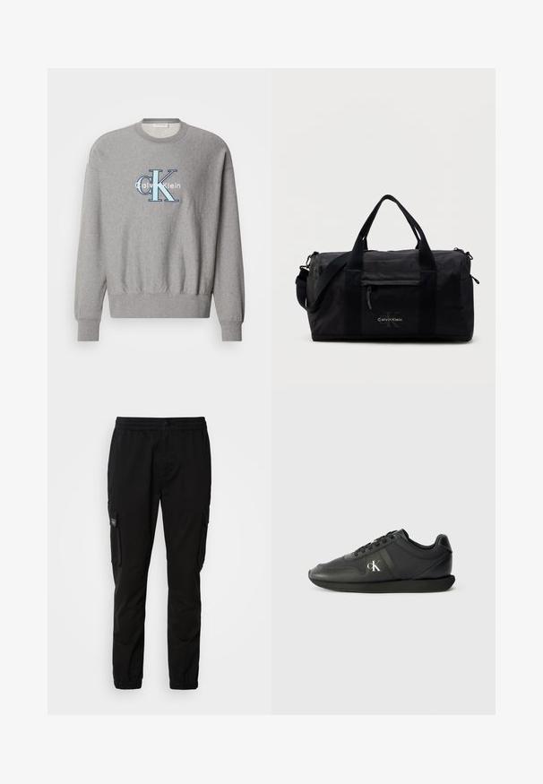 Grå sweatshirt med rund halsudskæring, ribbede ærmer og kant, med et blåt og hvidt "Calvin Klein" logo i centrum. Klassisk pasform.; Sorte cargo-bukser med elastisk talje, knaplukning, to sidelommer og to cargo-lommer. Glat stof med en afslappet pasform.; Sorte lædersneakers med rund tå, flad sort sål og snørebåndsdesign. Har et sølvlogo på siden og en glat, struktureret overflade.; Sort duffel taske lavet af holdbart stof, med topgreb, aftagelig skulderrem, frontlynlåslomme og logodetalje.