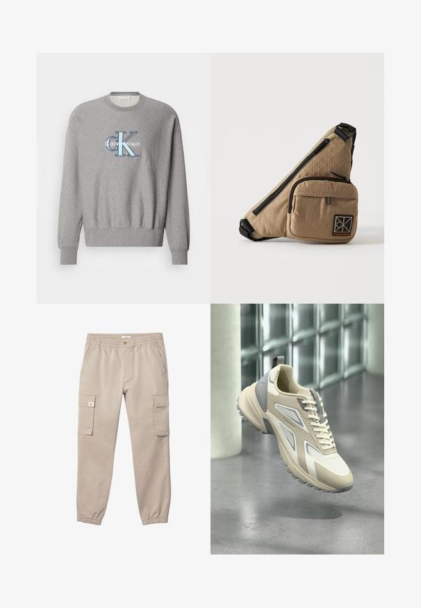 Grå sweatshirt med rund halsudskæring, ribbede ærmer og kant, med et blåt og hvidt "Calvin Klein" logo i centrum. Klassisk pasform.; Beige cargobukser med elastisk talje og manchetter, knaplukning, sidelommer og klaplommer på begge lår. Lille logo på venstre lommesklap.; Beige og grå Calvin Klein-sneaker med tyk sål og meshpaneler, der svæver over en glat betongulv med glasblokvæg i baggrunden.; Beige Calvin Klein crossbody taske med sort lynlås, forlommer og logopatch på en enkel lys baggrund.