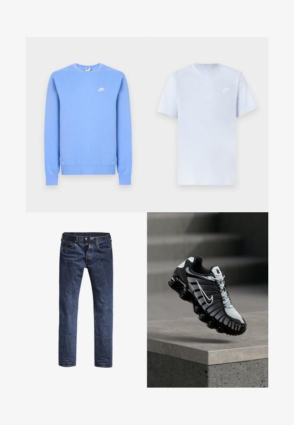 Svetlomodrá mikina Nike s dlhými rukávmi, okrúhlym výstrihom, rebrovanými manžetami a lemom, s malým bielym logom Nike na ľavej strane hrudníka.; Svetlomodré bavlnené tričko s krátkymi rukávmi, okrúhlym výstrihom a bielym logom Nike potlačeným na ľavej hrudi. Hladká textúra, jednoduchý dizajn.; Tmavomodré džínsy s úzkym strihom, piatimi vreckami a štandardným pásom. Obsahujú viditeľný steh a kovové akcenty.; Čierno-biela bežecká topánka Nike zavesená nad betónovým povrchom s pozadím zo schodovitého kameňa.