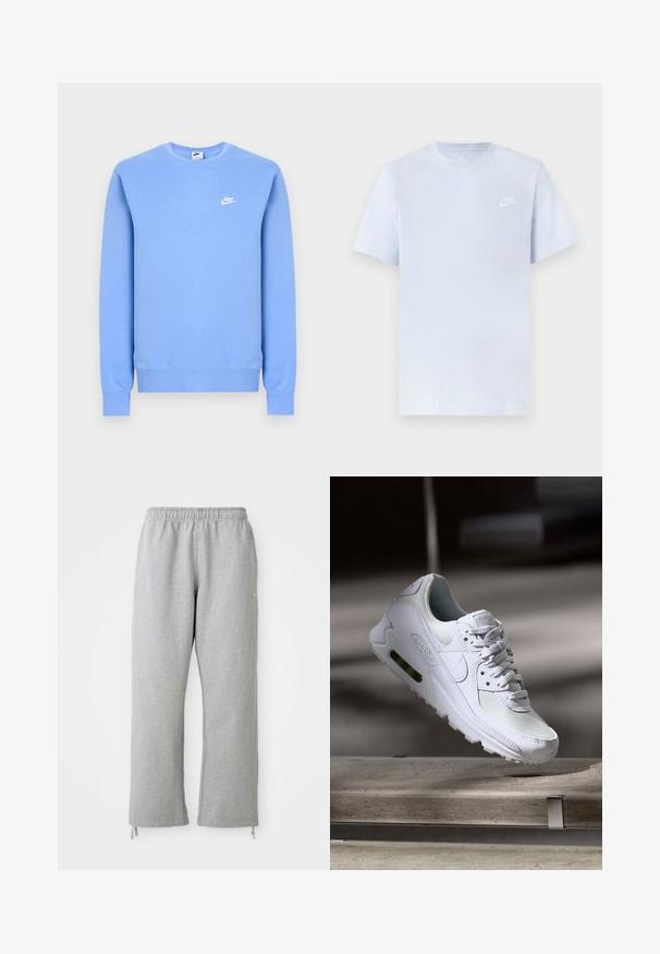 Lyseblå Nike sweatshirt med lange ærmer, rund hals, ribstrikkede manchetter og kant samt lille hvid Nike-logo på venstre bryst.; Lyseblå bomulds t-shirt med korte ærmer, rund hals og et hvidt Nike-logo trykt på venstre bryst. Glat tekstur, simpelt design.; Grå sweatpants med elastisk talje, lige ben og snoretræk ved kanten. Fremstillet af blødt, struktureret stof.; Hvide Nike Air Max 90 sneakers med en overdel i mesh og læder, perforeret tåboks og en synlig luftenhed i hælen.