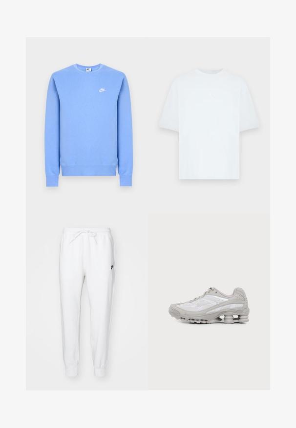 Ανοιχτό μπλε φούτερ από τη Nike με μακριά μανίκια, στρογγυλή λαιμόκοψη, ριμπ μανσέτες και τελείωμα, και μικρό λευκό λογότυπο της Nike στο αριστερό στήθος.; Ανοιχτό μπλε κοντομάνικο μπλουζάκι από βαμβάκι με στρογγυλή λαιμόκοψη. Διαθέτει μικρό λευκό λογότυπο Jordan στο στήθος.; Λευκά αθλητικά παντελόνια με ελαστική μέση και κορδόνι. Διαθέτουν το μαύρο λογότυπο της Nike στον αριστερό μηρό. Λάστιχο στους αστραγάλους. Μαλακή υφή υφάσματος.; Γκρι και άσπρο αθλητικό παπούτσι με ορατό αεριζόμενο πέλμα και πλέγμα, εμφανίζεται σε προφίλ σε απλό ανοιχτό φόντο.