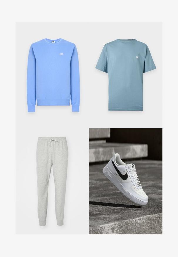 Vaaleansininen Nike-paita, jossa pitkät hihat, pyöreä kaulus, resorit hihansuissa ja helmassa sekä pieni valkoinen Nike-logo vasemmassa rinnassa.; Vaaleansininen, lyhythihainen, pyöreäkauluksinen t-paita, jossa on vasemmassa rinnassa pieni valkoinen logo, esitetty yksiväristä taustaa vasten.; Harmaat collegehousut, jotka on valmistettu pehmeästä materiaalista ja joissa on joustava vyötärö, nyörikiinnitys ja ribbitaskut. Sivussa on pieni logo.; Valkoinen Nike Air Force 1 -tennari mustalla Swoosh-logolla, nauhat sidottuina, keskellä ilmaa teksturoidun betonipinnan yläpuolella ulkona.