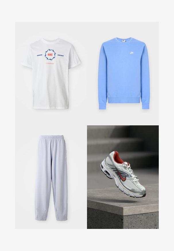 Ανοιχτό μπλε φούτερ από τη Nike με μακριά μανίκια, στρογγυλή λαιμόκοψη, ριμπ μανσέτες και τελείωμα, και μικρό λευκό λογότυπο της Nike στο αριστερό στήθος.; Λευκό κοντομάνικο μπλουζάκι Nike με μπλε κύκλο swoosh και κόκκινο κείμενο "NIKE", καθώς και μπλε "ENGINEERED SPORTSWEAR" και μικρό κόκκινο σλόγκαν από κάτω.; Ανοιχτό λιλά φόρμες από μαλακό ύφασμα με ελαστική μέση και συγκεντρωμένα μπατζάκια. Διαθέτει διακριτική επωνυμία στο πλάι.; Λευκό και ασημί παπούτσι τρεξίματος Nike με κόκκινες λεπτομέρειες να αιωρείται πάνω από μια τσιμεντένια άκρη, παρουσιάζοντας τις πλευρικές και σόλες λεπτομέρειες.