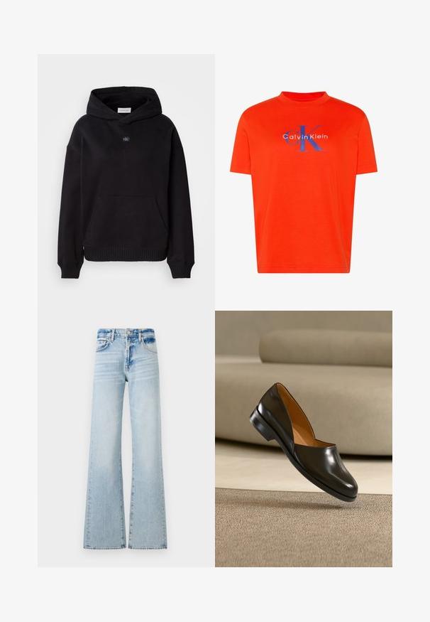Sort hættebluse lavet af bomuld, med en frontlomme, ribbede manchetter og kant, samt et lille mærkat på brystet.; Lyseorange kortærmet T-shirt med blåt CK-logo og hvid "Calvin Klein" tekst centreret på brystet.; Lyseblå bredbenede jeans lavet af denim, med en mellemhøj talje, fem lommer og kontrastsyninger med en falmet finish.; Sort læder slip-on sko med lav hæl, der svæver over tekstureret beige tæppe, beige sofa i baggrunden.