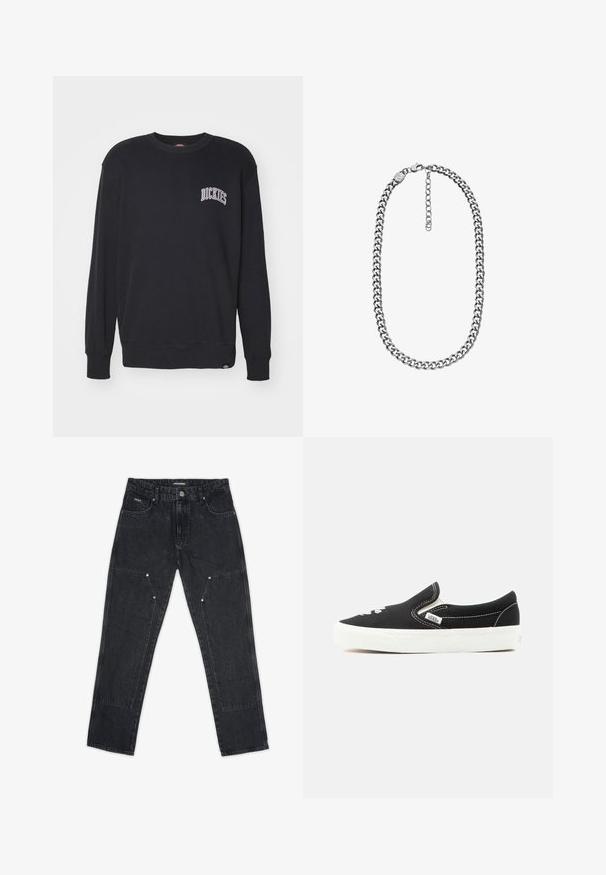 Dickies AITKIN CHEST UNISEX - Sweatshirt - black/plum; Pegador VINTO CARPENTER - Carpenter Jeans - washed black; Schwarzer Vans Slip-On-Sneaker mit weißer Gummisohle, weißen Nähten und elastischen Seiteneinsätzen, Ansicht von der Außenseite.; Halskette mit silberfarbener Curb-Kette, Karabinerverschluss und verstellbarer Verlängerungskette vor weißem Hintergrund.
