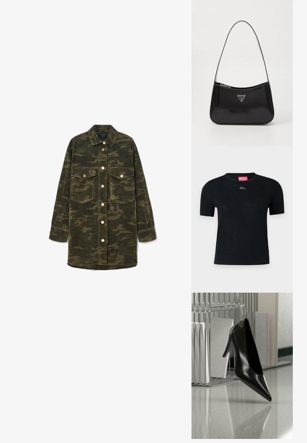 Sort kortærmet T-shirt med rund hals, lavet af blødt stof, med en rund sølvdetalje nær halsudskæringen og et rødt mærke.; Langærmet grøn og brun camo kordfløjl skjortejakke med krave, knaplukning foran og to brystlommer med klap.; Sort højhælet sko med spids tå og guldlogo, placeret på en reflekterende overflade nær en krom trådfilholder med dokumenter.; Sort patenteret læder skuldertaske med en buet form, prydet med et sølvfarvet trekantet logo og en lynlås-lukning. Glat tekstur og slank rem.